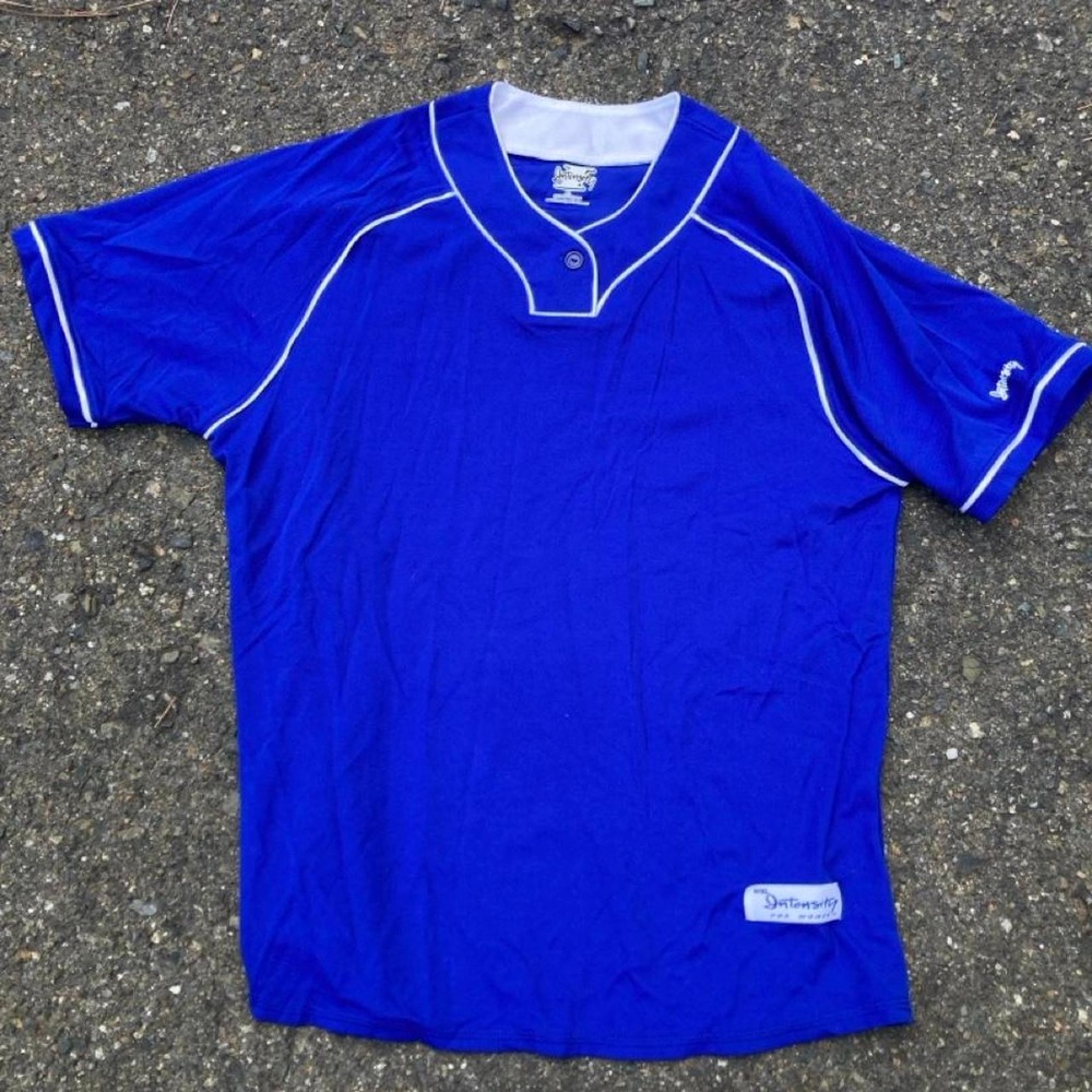 Blue baseball jersey with white piping, size WXL intensity athletic